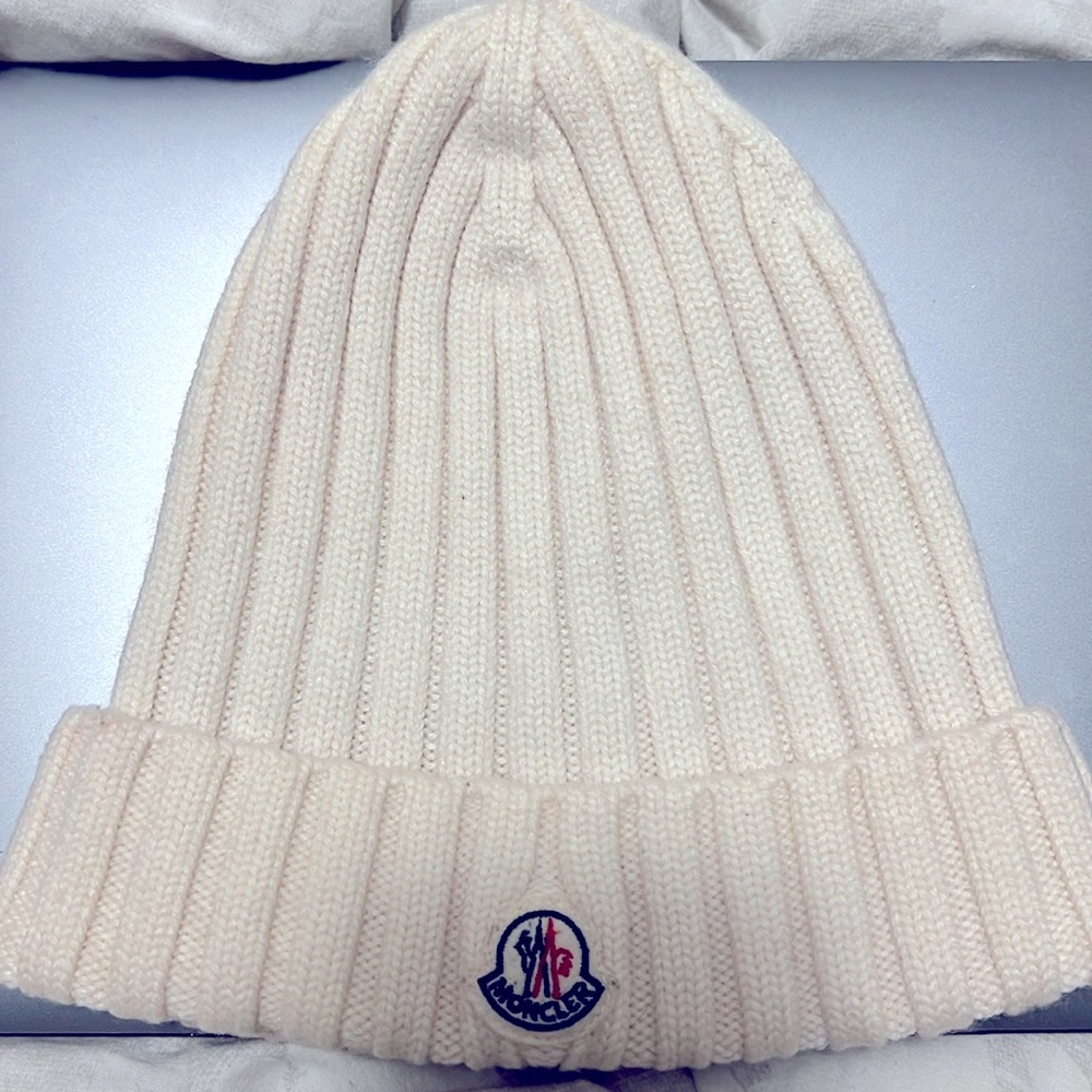 Moncler Ribbed Wool Beanie with Logo Patch with personalization on back